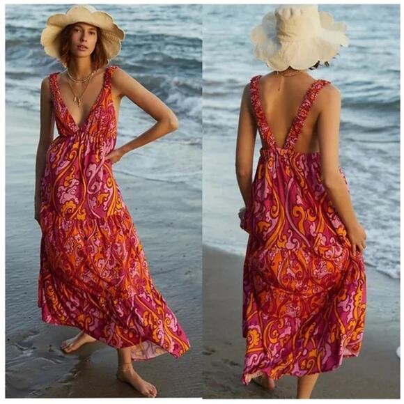 Maeve Anthropologie Eviana Paisley Maxi Dress Cotton V-Neck Size Small - Picture 1 of 7